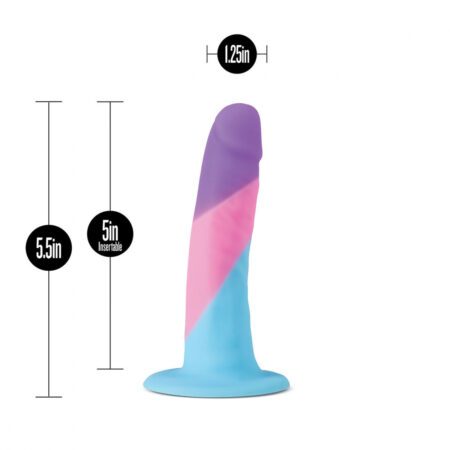 Avant D15 Visions Of Love platinum silicone body safe dildo showing dimensions of 5" length and 1.25" width