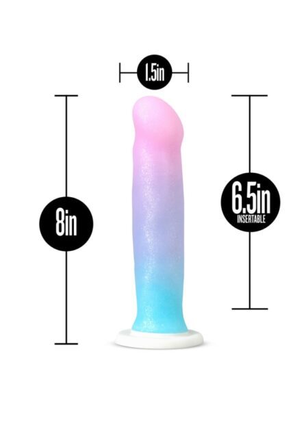 Avant D17 Vision of Love platinum siliconeÂ dildo with the measurements showing 6.5" insertable lengtha nd 1.5" width