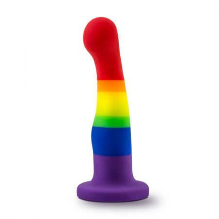 LGBT pride flag colored Avant P1 Pride Freedom platinum silicone gspot and prostate dildo on its side