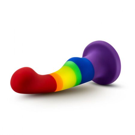LGBT pride flag colored Avant P1 Pride Freedom platinum silicone gspot and prostate dildo laying down