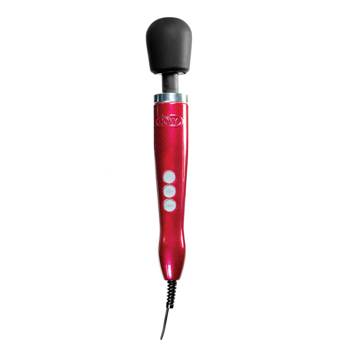 Red doxy die cast wand vibrator by itself on a white background