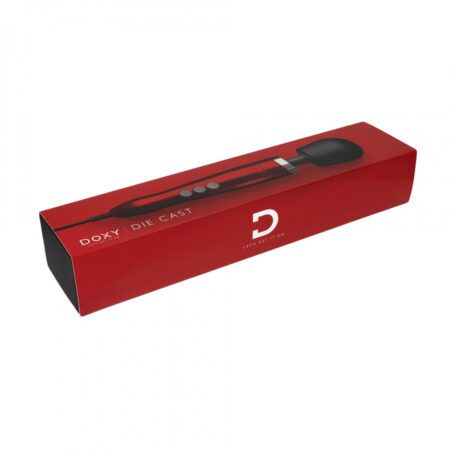 Box of the red doxy die cast wand vibrator lying down