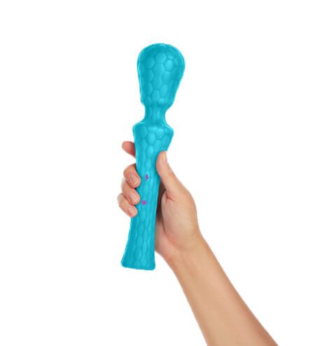 Hand holding a waterproof turquoise wand vibratorÂ 