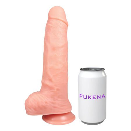 Back view of the Fukena Hercules silicone dildo next to a can