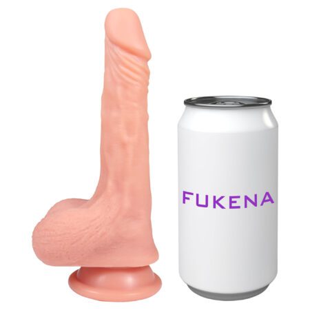 Side view of the Fukena Hookup silicone dildo next to a soda can to show its size