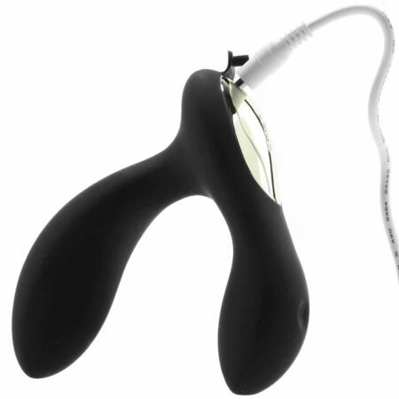 Black Lelo Hugo prostate vibrator with charging cable plugged in