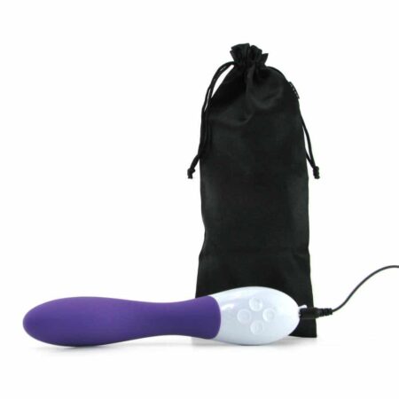 Purple Lelo Mona 2 silicone g-spot vibrator laying down next to storage bag