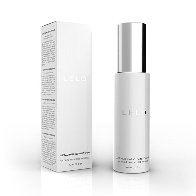 Lelo toy cleaning spray standing straight up next to the box