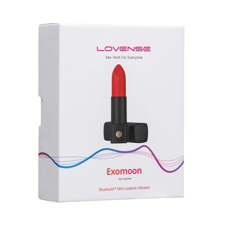 Box for a Lipstick shaped bullet vibrator from Lovense next to its case on a white background