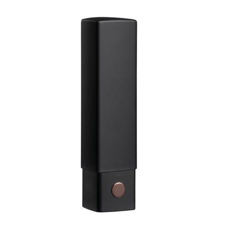 Container for the lipstick shaped bullet vibrator from Lovense next to its case on a white background