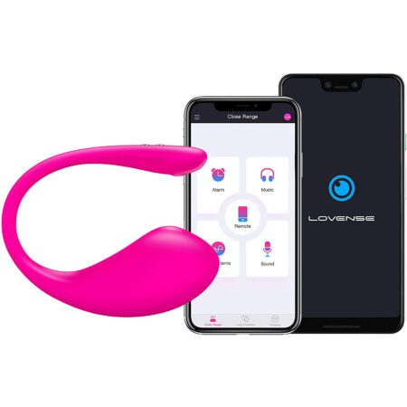 Lovense Lush 3 g-spot bluetooth vibrator next to an iPhone and Android smart phone