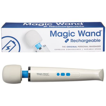 Authentic Magic Wand Rechargeable cordless battery powered wand vibrator next to its box