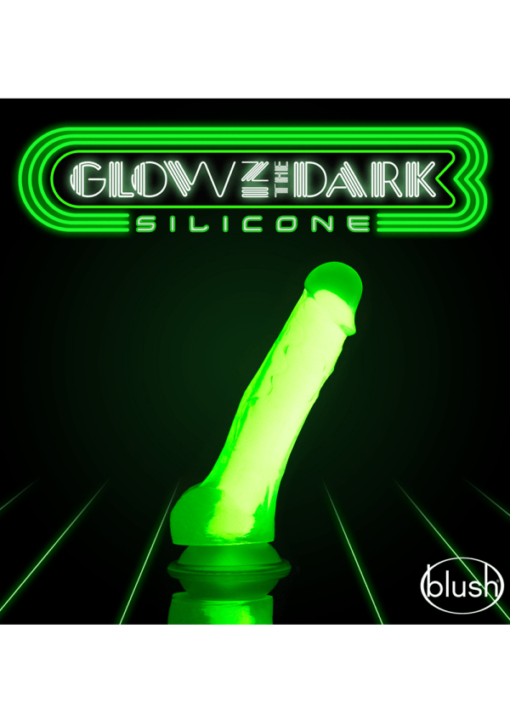 Neo Elite 7.5" Glow in the dark green dildo on black background