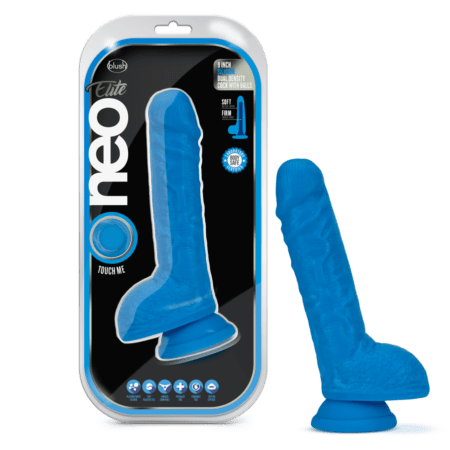 Neon Blue 8" Neo Elite dildo in container