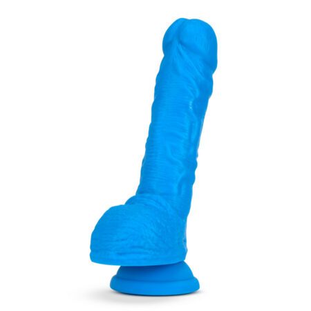 Neon Blue 8" Neo Elite dildo front view standing up