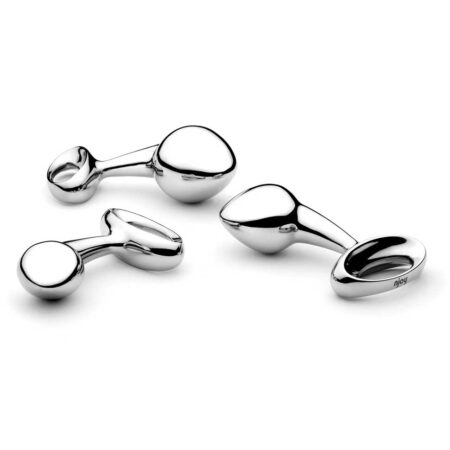 Three small, medium, and large stainless steel nJoy butt plugs on a white background arraigned in a circle