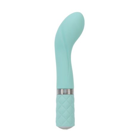 Teal Pillow Talk Sassy g-spot vibrator facing the side on a white background