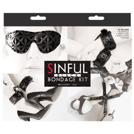 Box containing the Sinful Bondage Kit including handcuffs, feet cuffs and blindfold