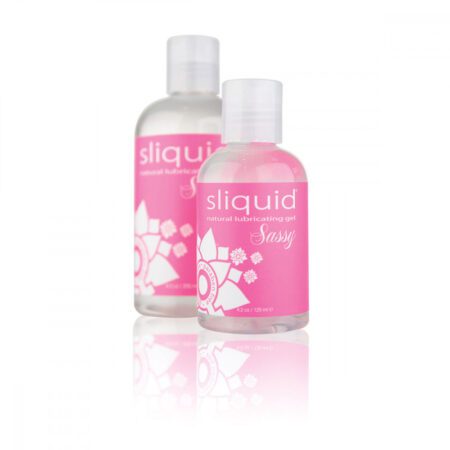 Two sizes of Sliquid sassy lube by itself on a white background