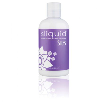 Sliquid Silk LubeÂ 8oz bottle with a purple label