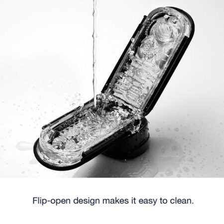Black Tenga Flip Zero masturbator opened up with lube pouring into the inside