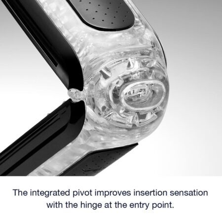 Closeup of the hinge on a black Tenga Flip Zero masturbator