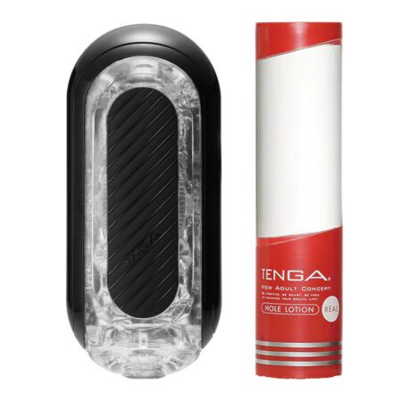 Tenga Flip Zero gravity black next to a bottle of Tenga lotion