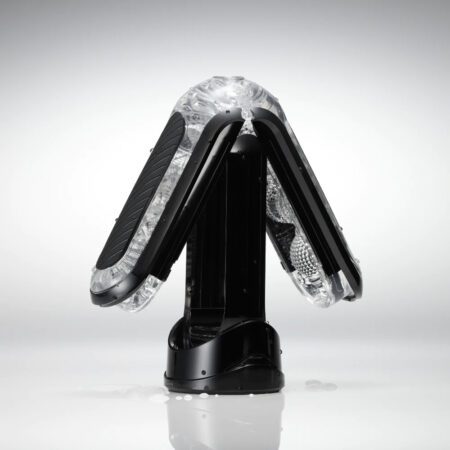 The Tenga Flip Zero Black masturbator opened up on its drying stand