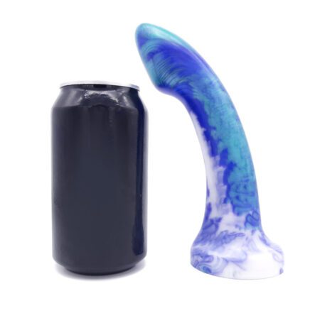 Uberrime Astra Medium sized silicone dildo in Snapdragon next to a can for comparison
