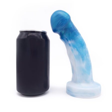 Uberrime Splendid Medium silicone dildo in mermaid pearl next to a can for comparison