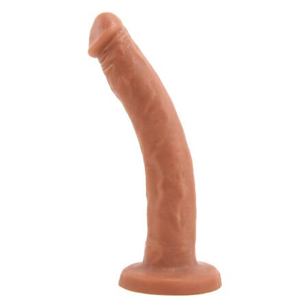 Long caramel colored vibrator from Vixen standing straight up on a white background