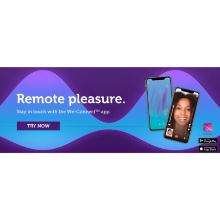 Two phones on a wide banner showing the We-Vibe mobile app and text that says Remote Pleasure, stay in touch with the We Connect app