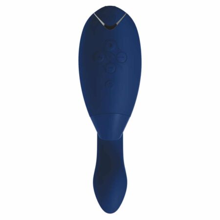 Top view of the blueberry colored Womanizer Duo dual stimulation air pulse and g-spot vibrator on a white background