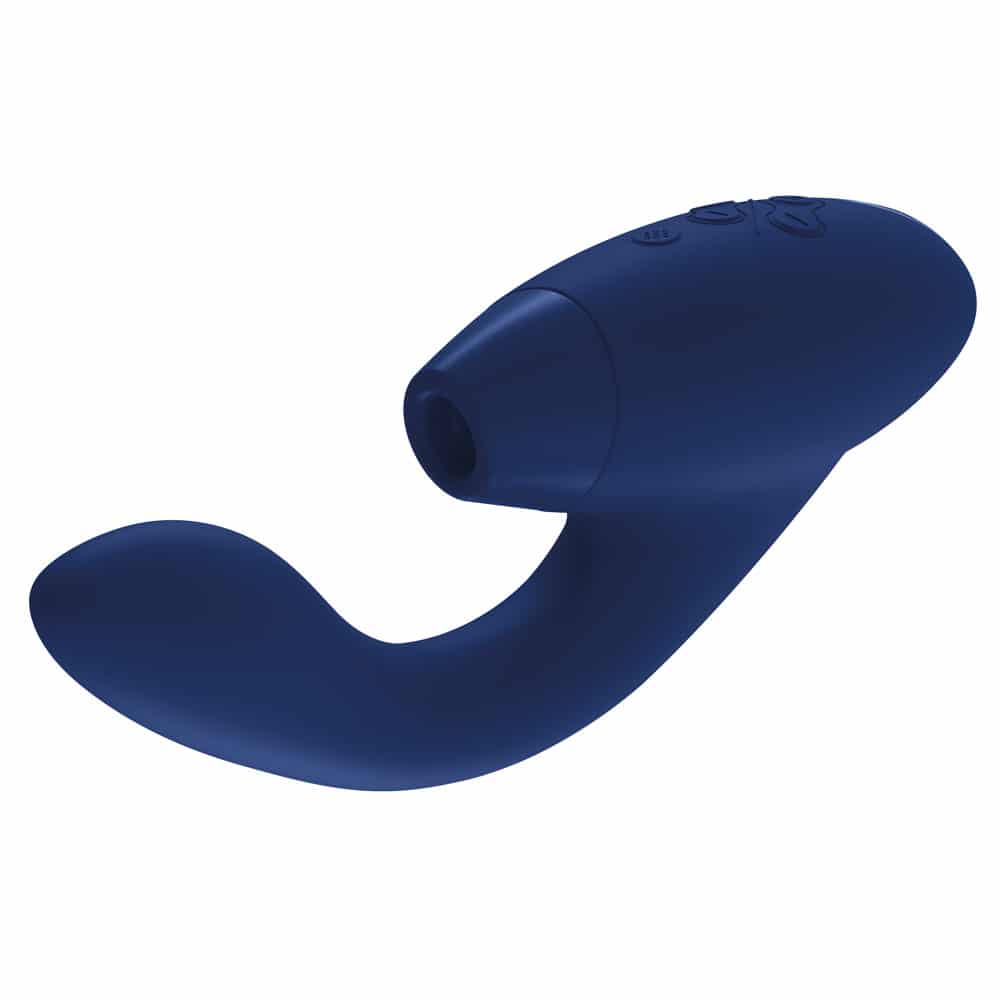 Diagonal view of the blueberry colored Womanizer Duo dual stimulation air pulse and g-spot vibrator on a white background