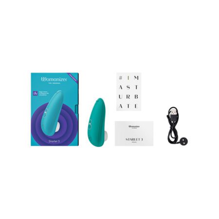 All of the box contents of the TurquoiseÂ Womanizer Starlet 3Â Air Pulse Vibrator