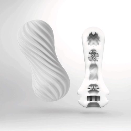 White Tenga Flex Silky Masturbator with a cutaway showing the inside textures
