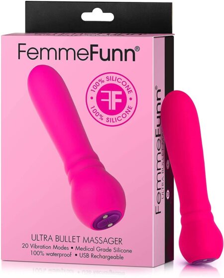 Pink and silicone covered FemmeFunn Ultra Bullet vibrator with its box