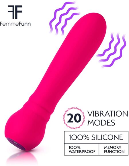Pink FemmeFunn Ultra Bullet vibrator feature guide showing it has 20 modes, is 100% silicone, and 100% waterproof