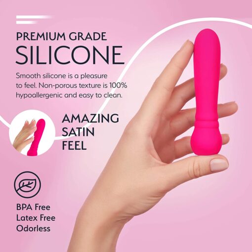PinkÂ FemmeFunn Ultra Bullet vibrator feature guide showing it is waterproof, whisper quiet, and with magnetic charging