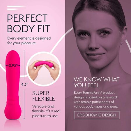 Pink FemmeFunn Ultra Bullet vibrator feature guide showing its flexibility and dimensions