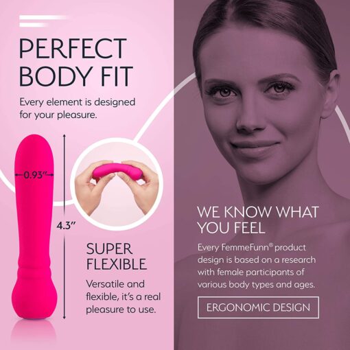 PinkÂ FemmeFunn Ultra Bullet vibrator feature guide showing its flexibility and dimensions