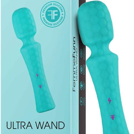 Turquoise FemmeFunn Ultra Wand vibrator with its box