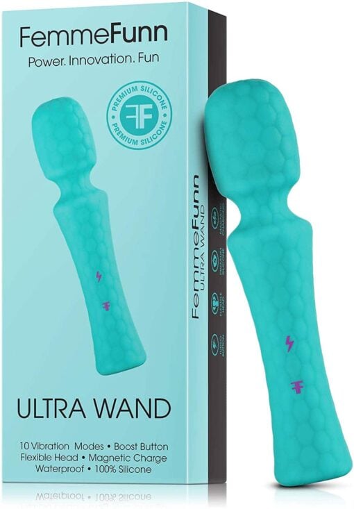 Turquoise FemmeFunn Ultra Wand vibrator with its box