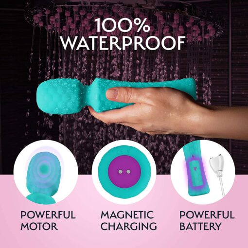 Turquoise FemmeFunn Ultra Wand vibratorÂ feature guide showing it is waterproof, with a powerful motor, and with magnetic charging