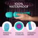 Turquoise FemmeFunn Ultra Wand vibrator feature guide showing it is waterproof, with a powerful motor, and with magnetic charging