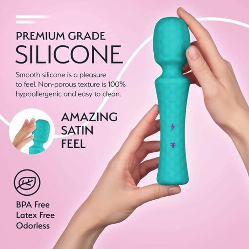 FemmeFunn Ultra Wand vibratorÂ feature guide showing it is waterproof and with premium grade silicone