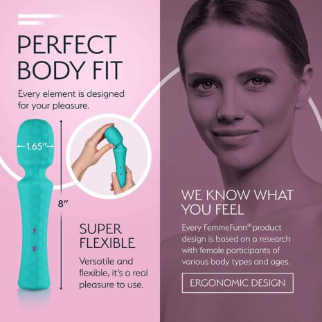 Turquoise  FemmeFunn Ultra Wand vibrator feature guide its dimensions and that it is flexible