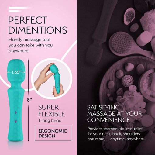 TurquoiseÂ  FemmeFunn Ultra Wand vibrator feature guide showing dimensions and flexibility
