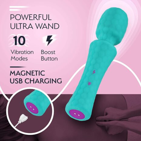 Turquoise FemmeFunn Ultra Wand vibrator feature guide showing 10 vibration modes and boost button