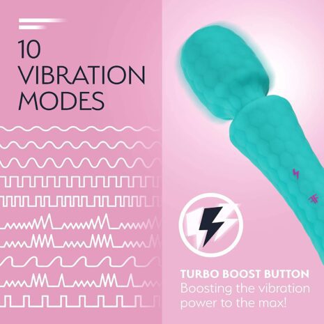Turquoise colored FemmeFunn Ultra Wand vibrator feature gude showing 10 different vibration modes